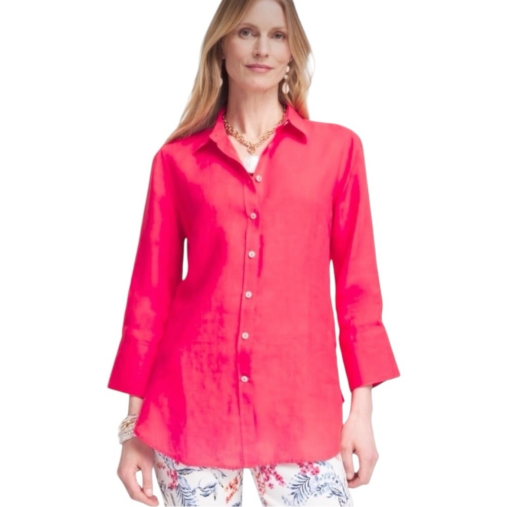 Chico’s Strawberry Margarita No-Iron™ FreshChic Linen 3/4 Sleeve Tunic-Shirt